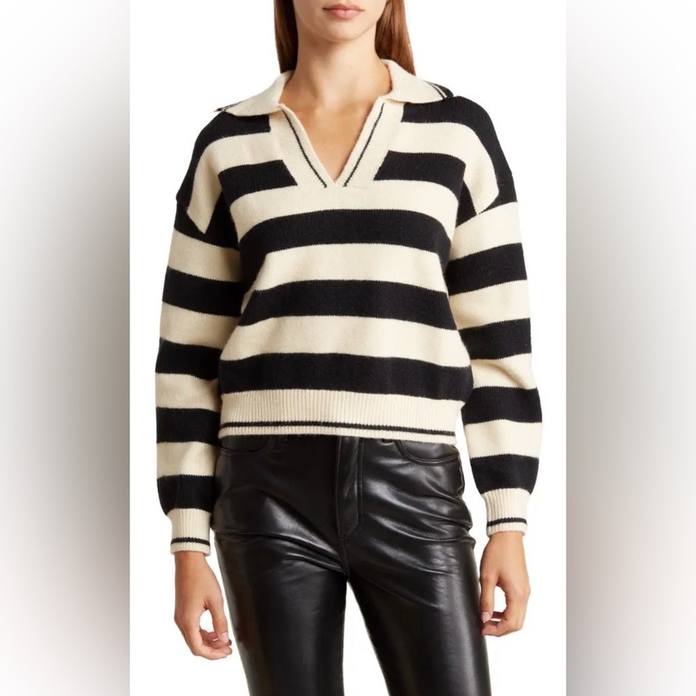 French Paris Cream/Black Striped Collared Knit Sweater - M